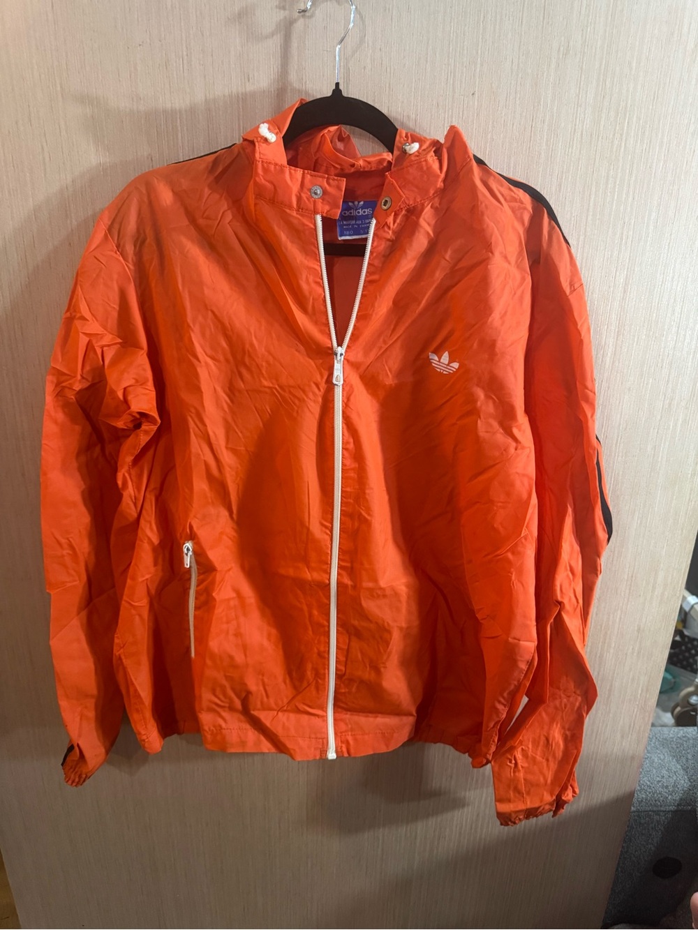 Mens adidas Made in France Vintage Bright Orange Hooded Windbreaker Jacket Large